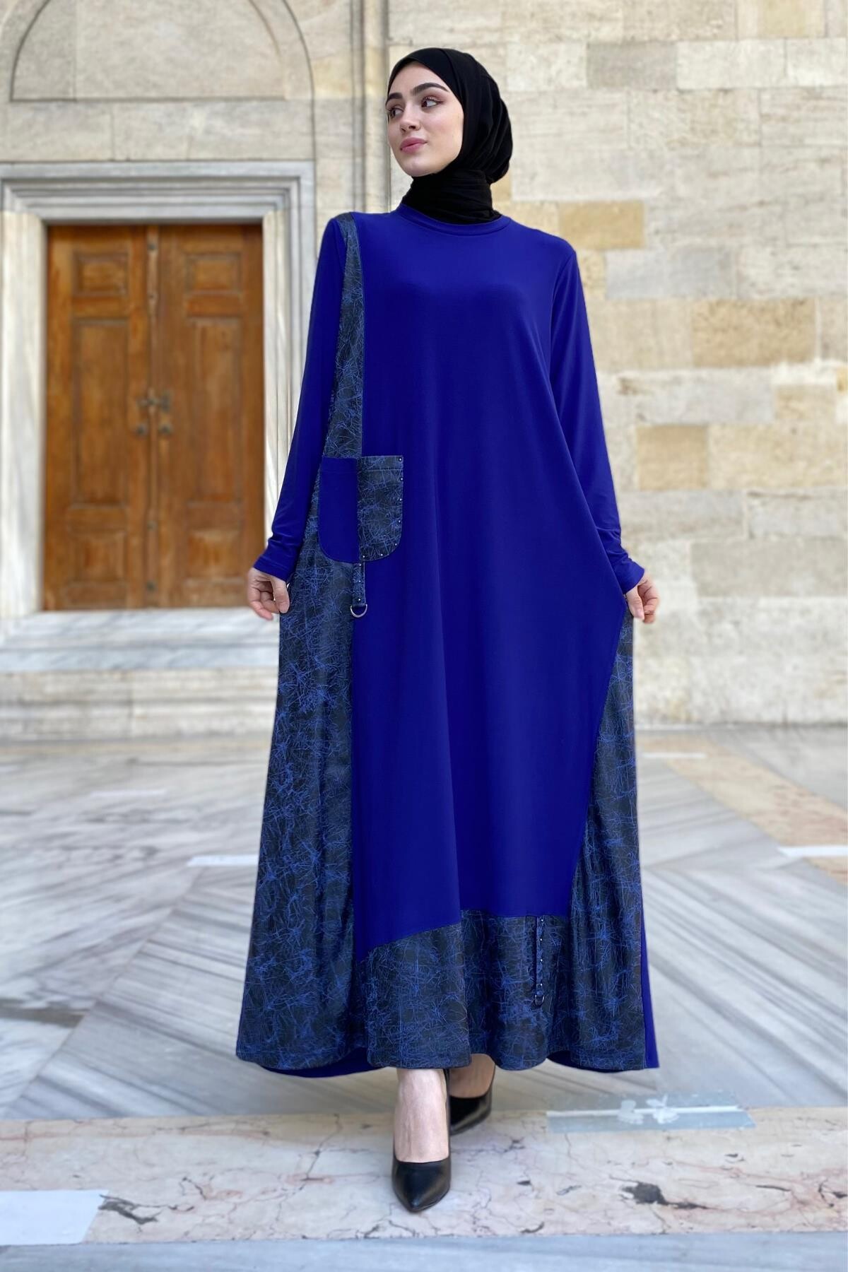Amine Deri Detaylı Elbise Mavi 