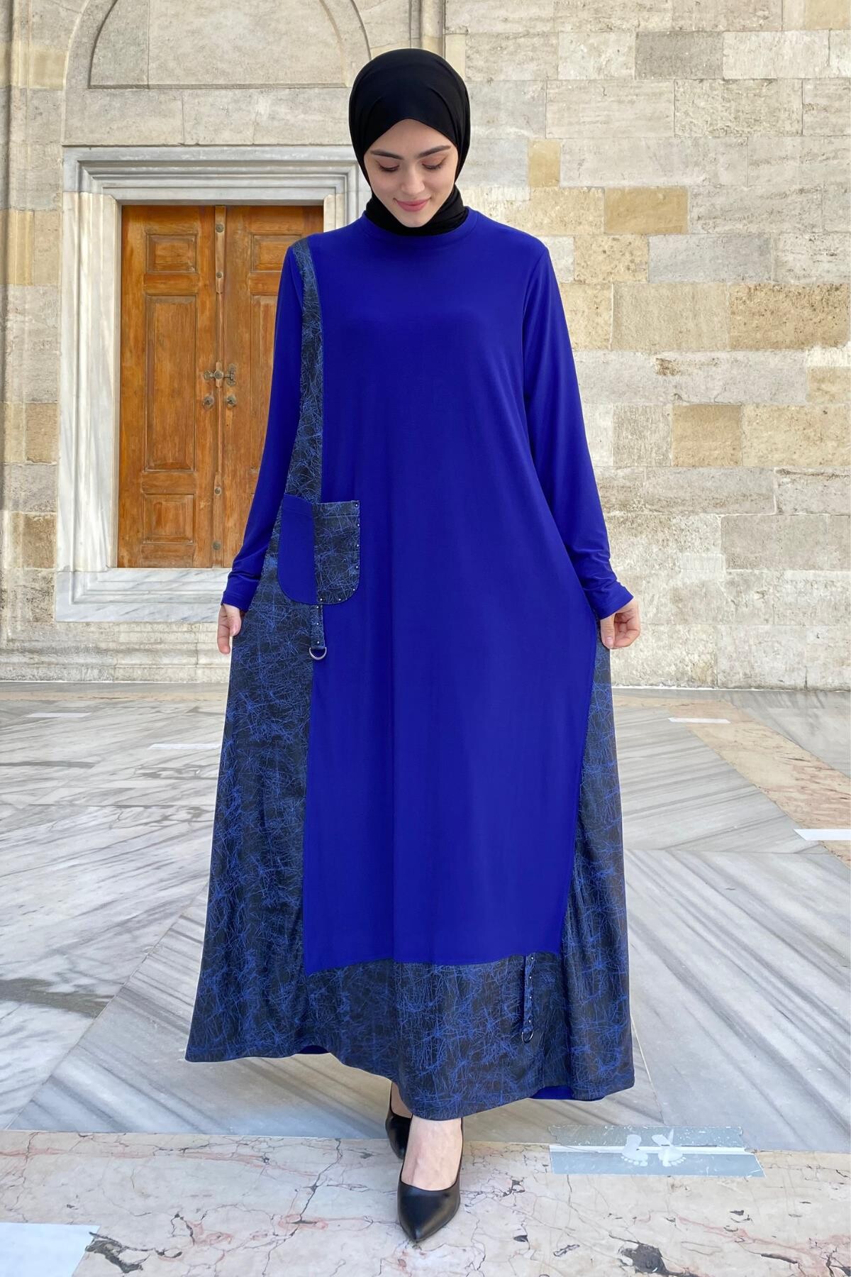 Amine Deri Detaylı Elbise Mavi - 3
