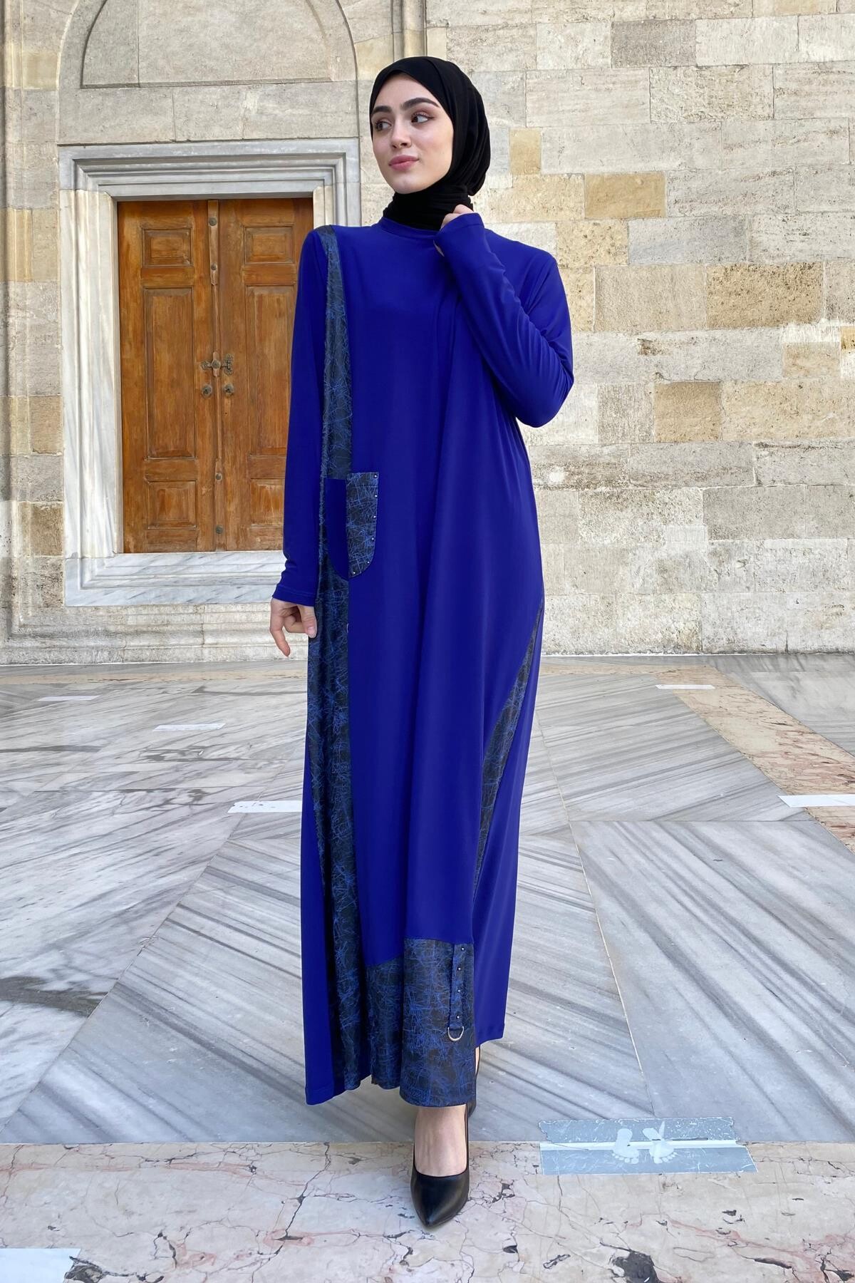 Amine Deri Detaylı Elbise Mavi - 4