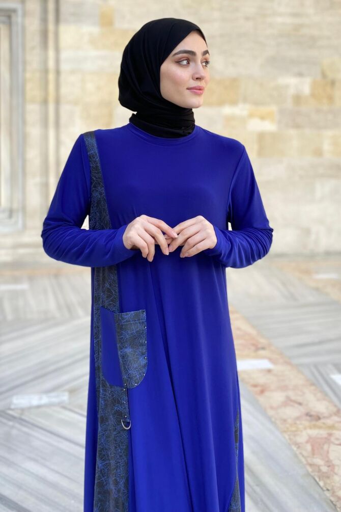 Amine Deri Detaylı Elbise Mavi - 5