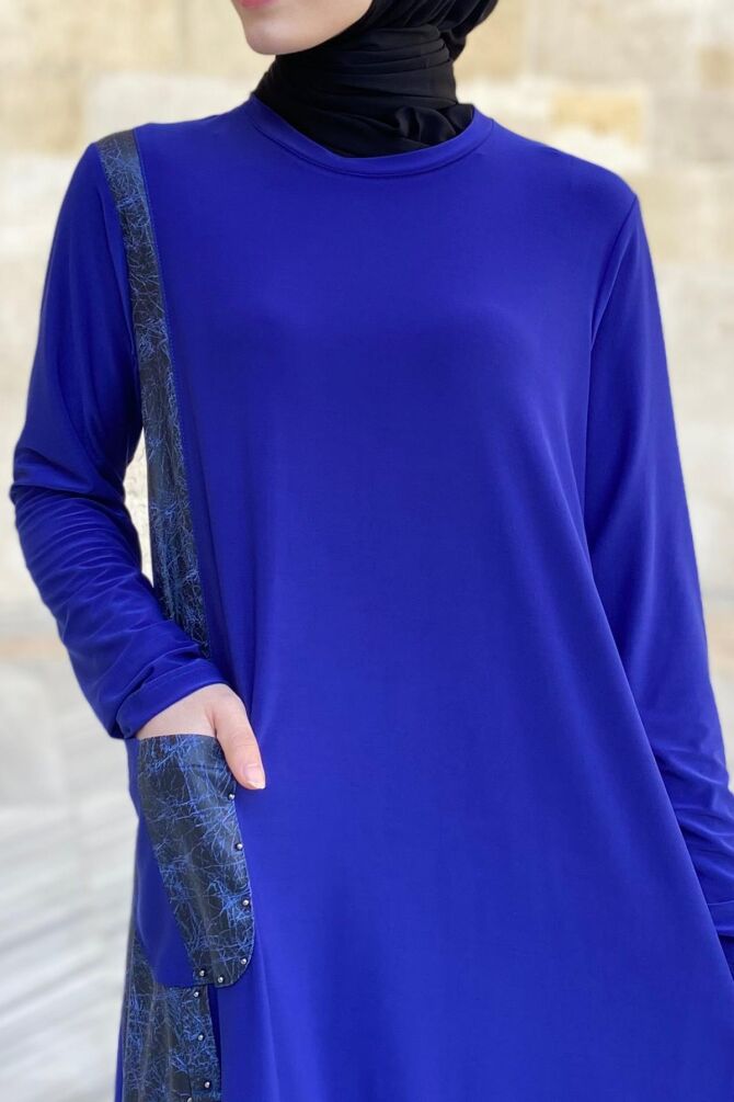 Amine Deri Detaylı Elbise Mavi - 7