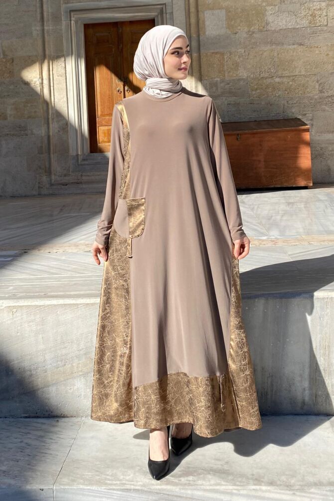 Amine Deri Detaylı Elbise Vizon - 1