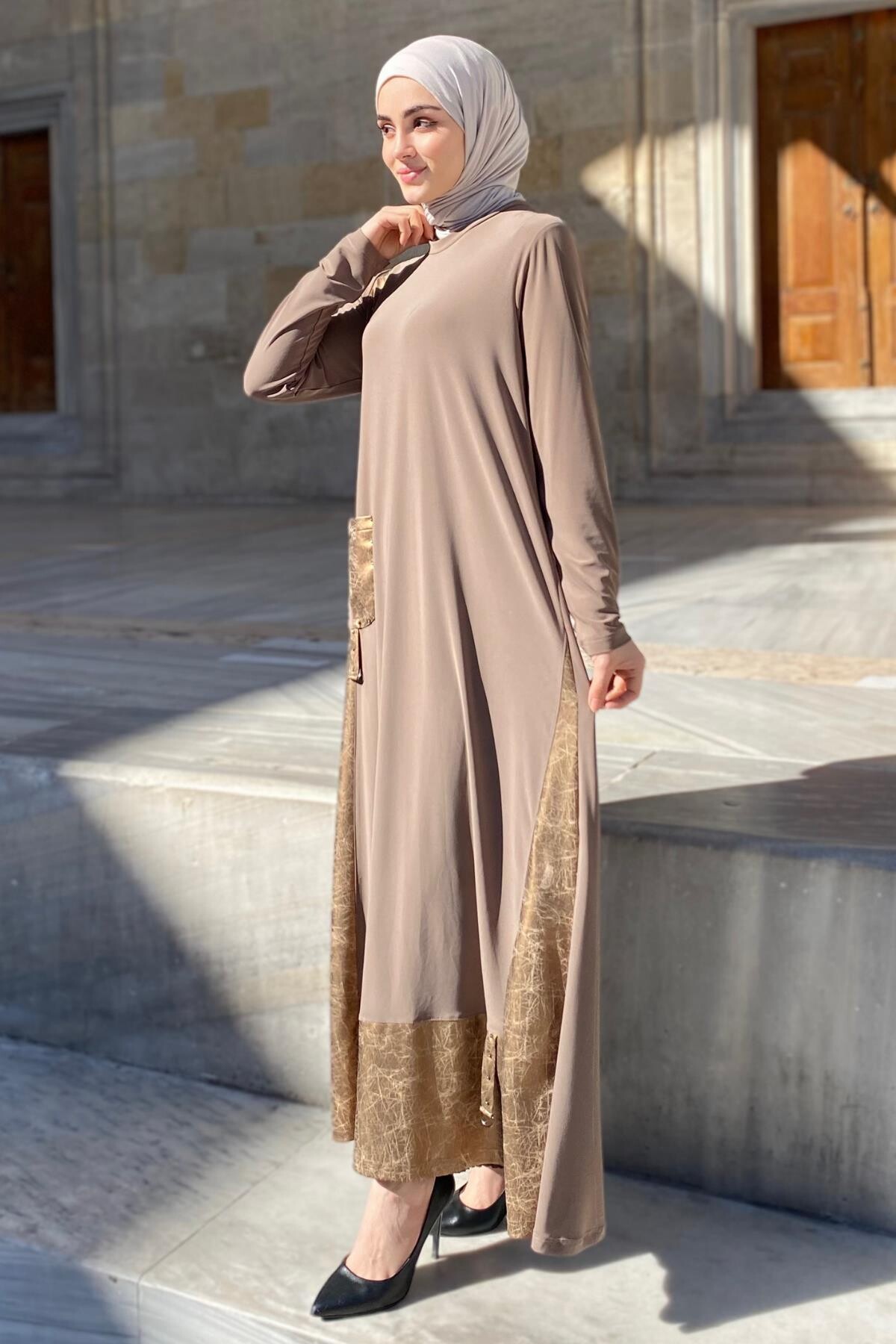 Amine Deri Detaylı Elbise Vizon - 2