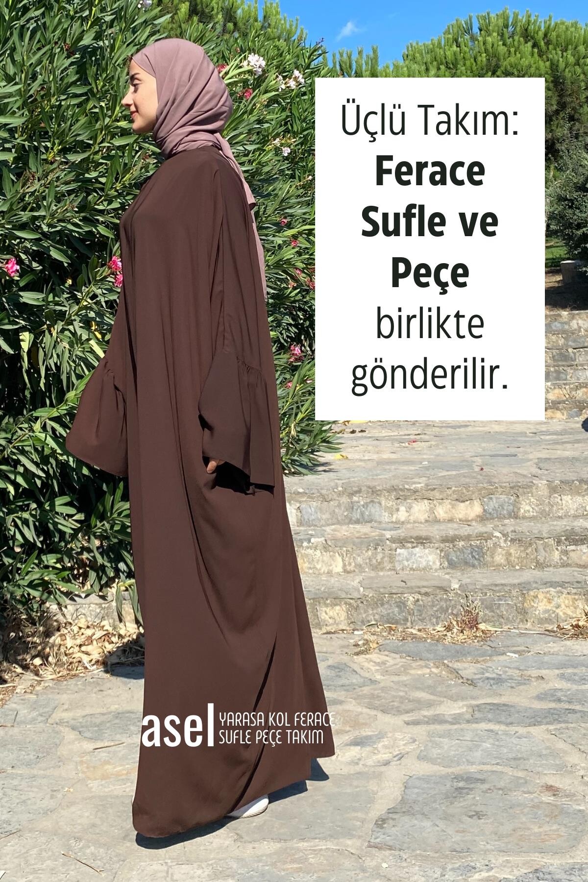 Asel Yarasa Kol Ferace Sufle Peçe Takım Kahverengi - 2