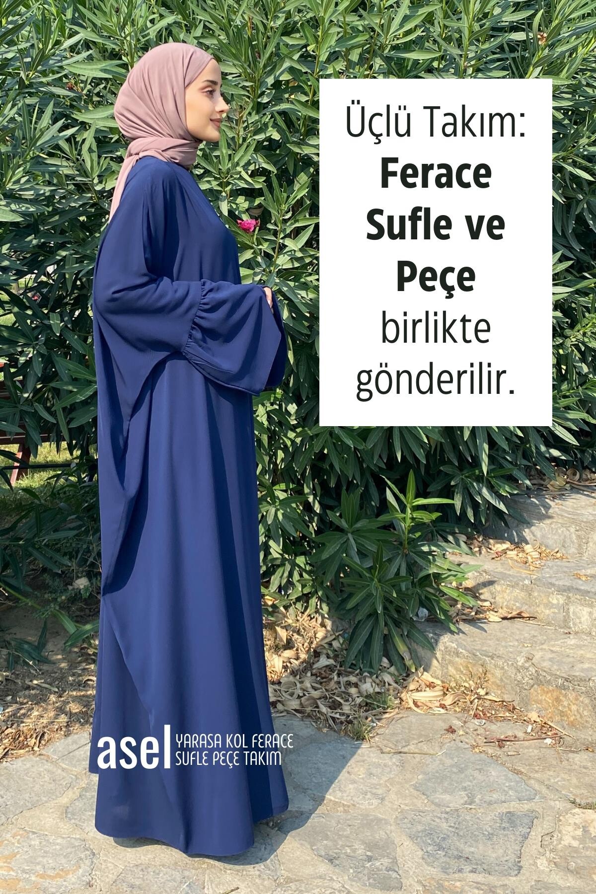 Asel Yarasa Kol Ferace Sufle Peçe Takım Lacivert - 2