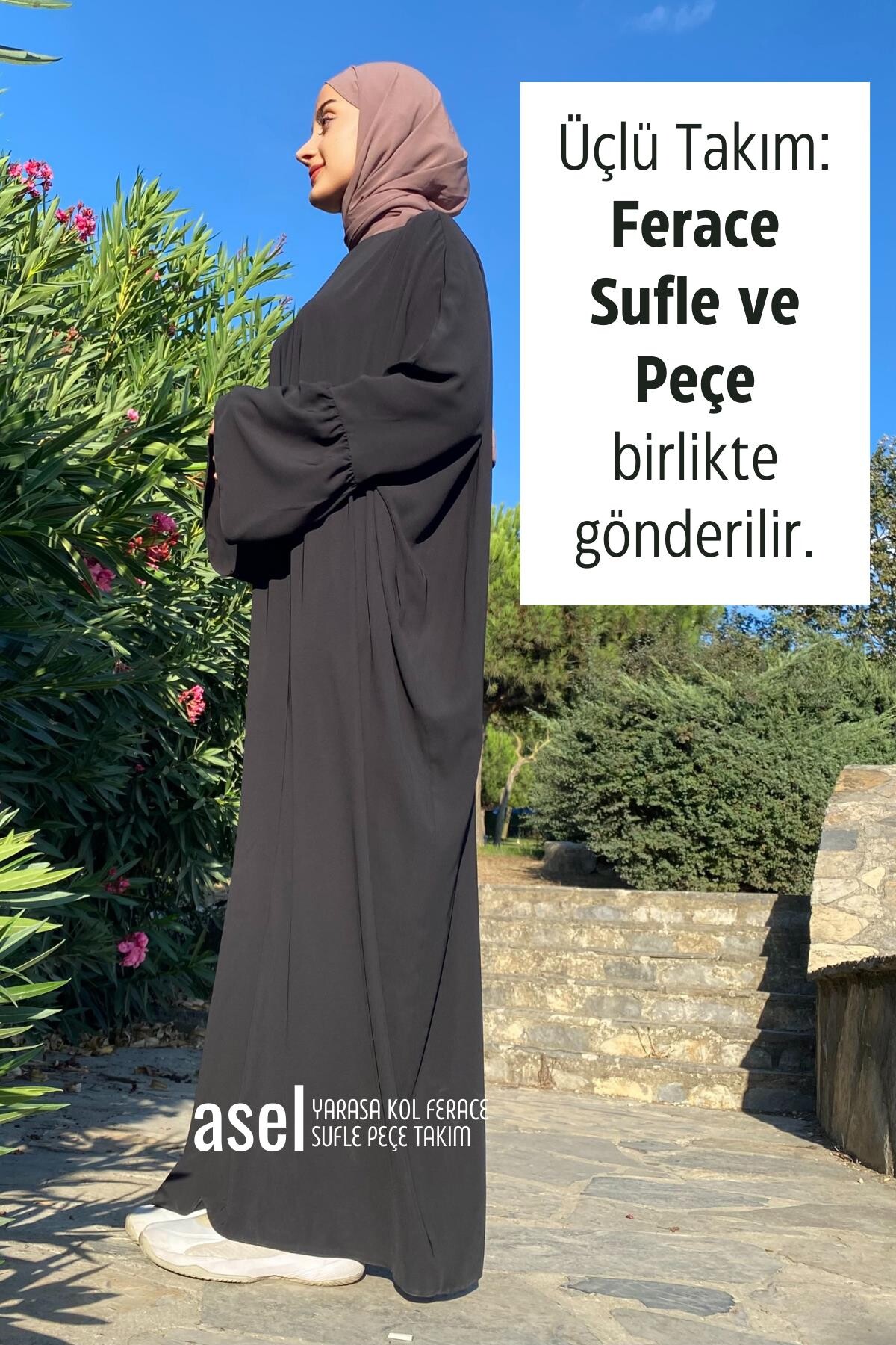 Asel Yarasa Kol Ferace Sufle Peçe Takım Siyah - 2