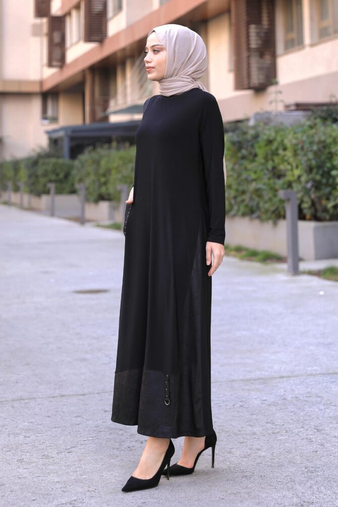 Amine Deri Detaylı Elbise Siyah - 2