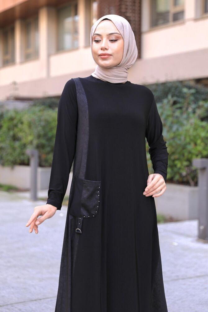 Amine Deri Detaylı Elbise Siyah - 5