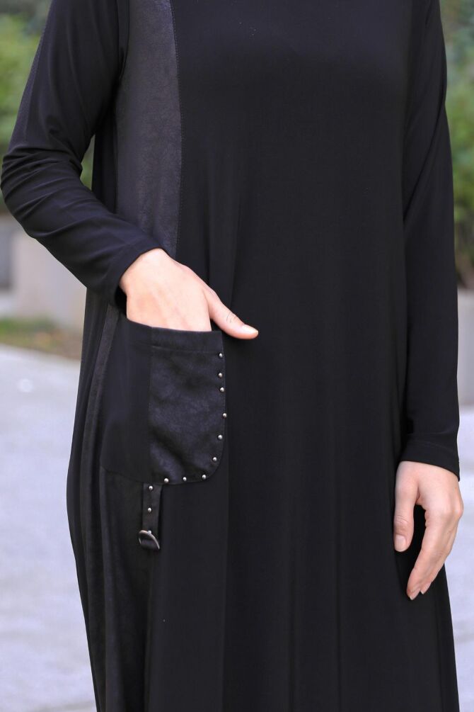 Amine Deri Detaylı Elbise Siyah - 8