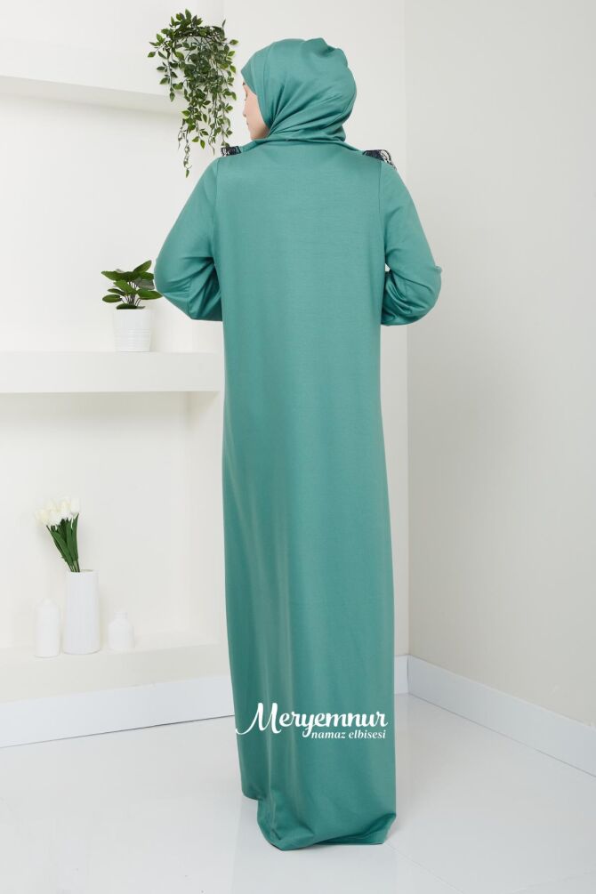 Kendinden Başörtülü Fermuarlı Namaz Elbisesi İki İplik Mint Yeşil - 4