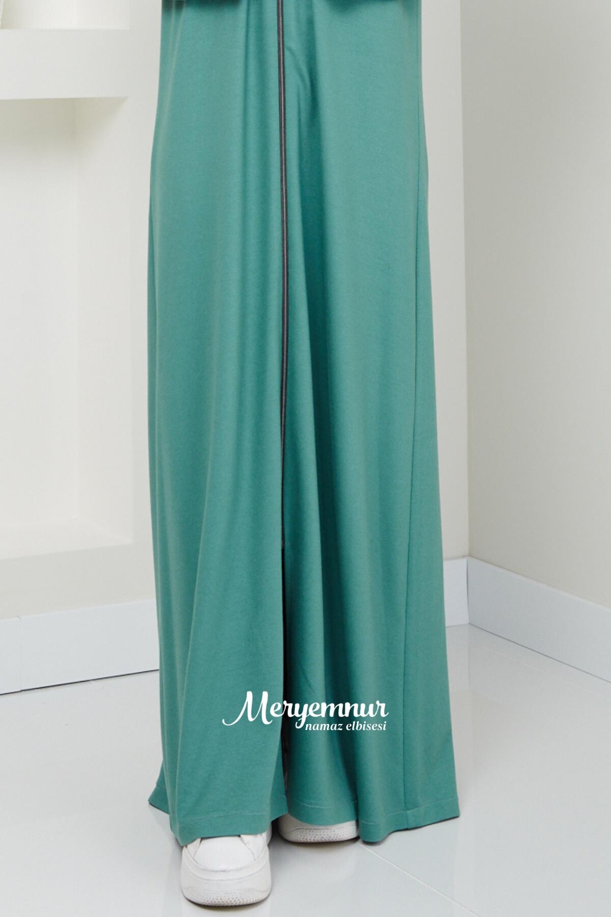 Kendinden Başörtülü Fermuarlı Namaz Elbisesi İki İplik Mint Yeşil - 6