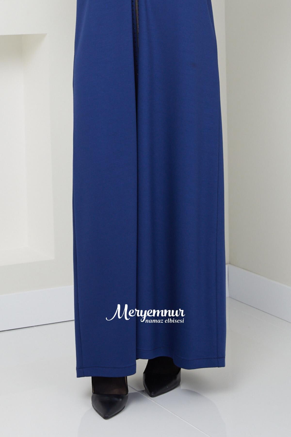Taşlı Fermuarlı Namaz Elbisesi İki İplik Petrol Mavisi - 6